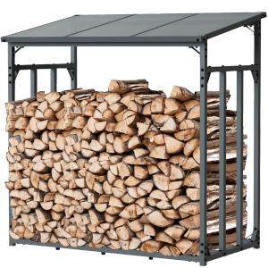 Anthrazit Kaminholzregal aus Metall für Außen mit Holz gefüllt, inklusive Ofenhandschuh.