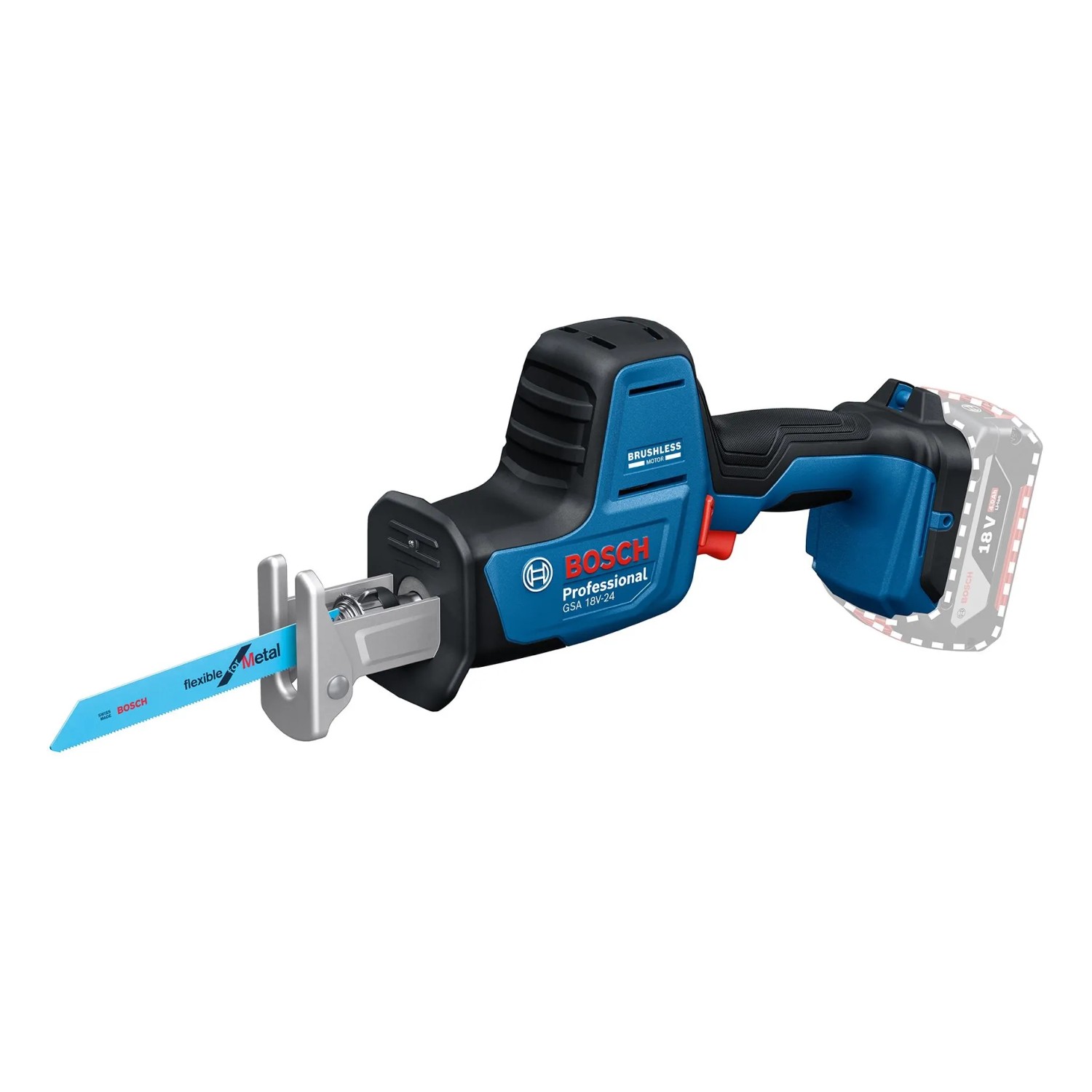 Bosch Professional Akku-Säbelsäge GSA 18V-24 in Blau-Schwarz mit eingesetztem Sägeblatt. Kompaktes Akku-Werkzeug.