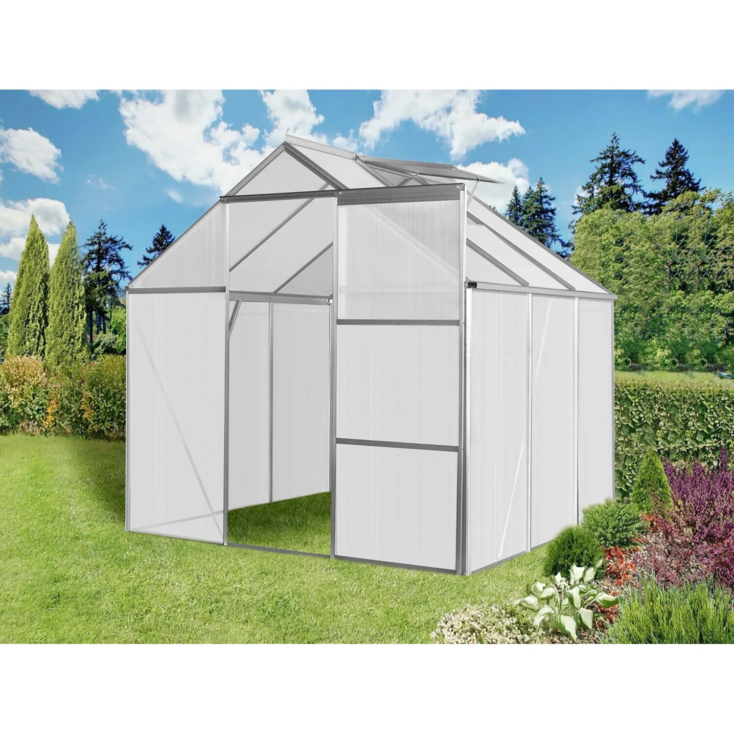 Floraworld Gewächshaus Grow I mit Dachfenster im Garten.