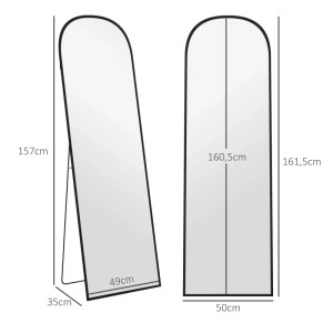 HOMCOM Ganzkörperspiegel schwarz, Bogenform, Aluminiumrahmen. Maße für freistehend (157x49x35cm) und wandmontiert (161,5x50cm).