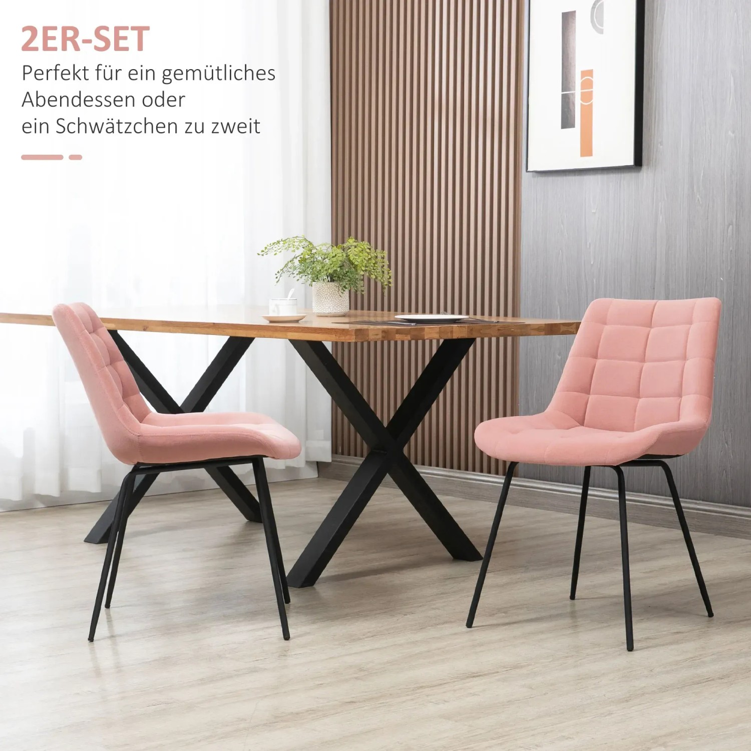 HOMCOM 2er Set Esszimmerstühle im Retro Design, rosa Samt mit schwarzen Beinen.