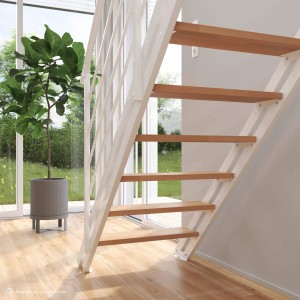 Intercon Raumspartreppe London: weiße Stahlwangentreppe mit hellen Buchenstufen in modernem Innenraum.