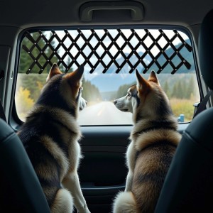Schwarzes Fudajo Hundeschutzgitter im Autofenster, zwei Hunde schauen sicher hinaus. Robustes Lüftungsgitter aus Kunststoff.