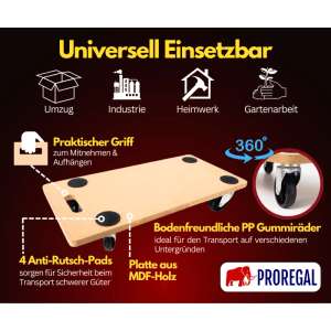 PROREGAL Profi Transportroller aus brauner MDF-Holzplatte mit 4 lenkbaren Gummirädern, Anti-Rutsch-Pads und Griff. Traglast 200 kg.