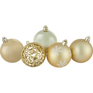 Goldenes Weihnachtskugel-Set Ornament, 25-teilig, Ø 6 cm, mit verschiedenen Designs und Oberflächen.