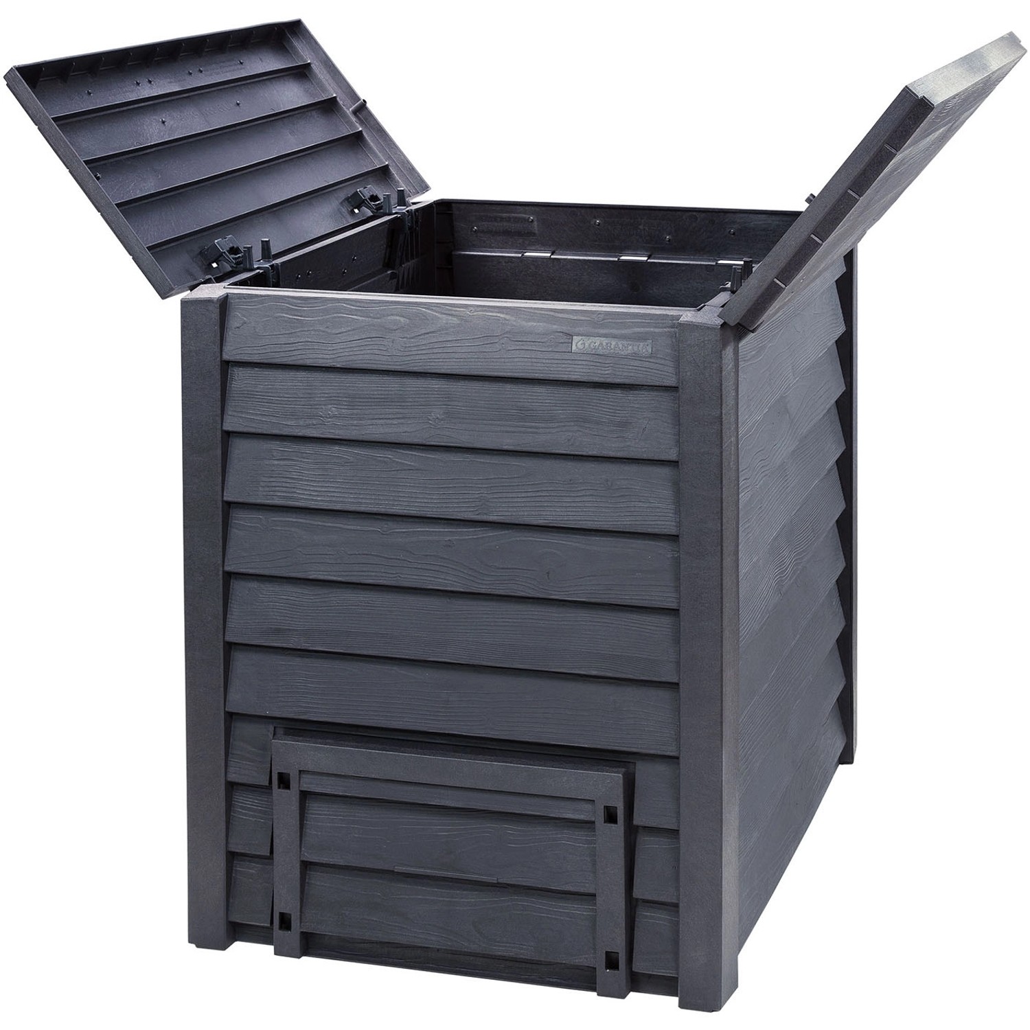 Garantia Thermo-Wood Komposter, 600 l, anthrazit-braun, mit geöffneten Klappen.