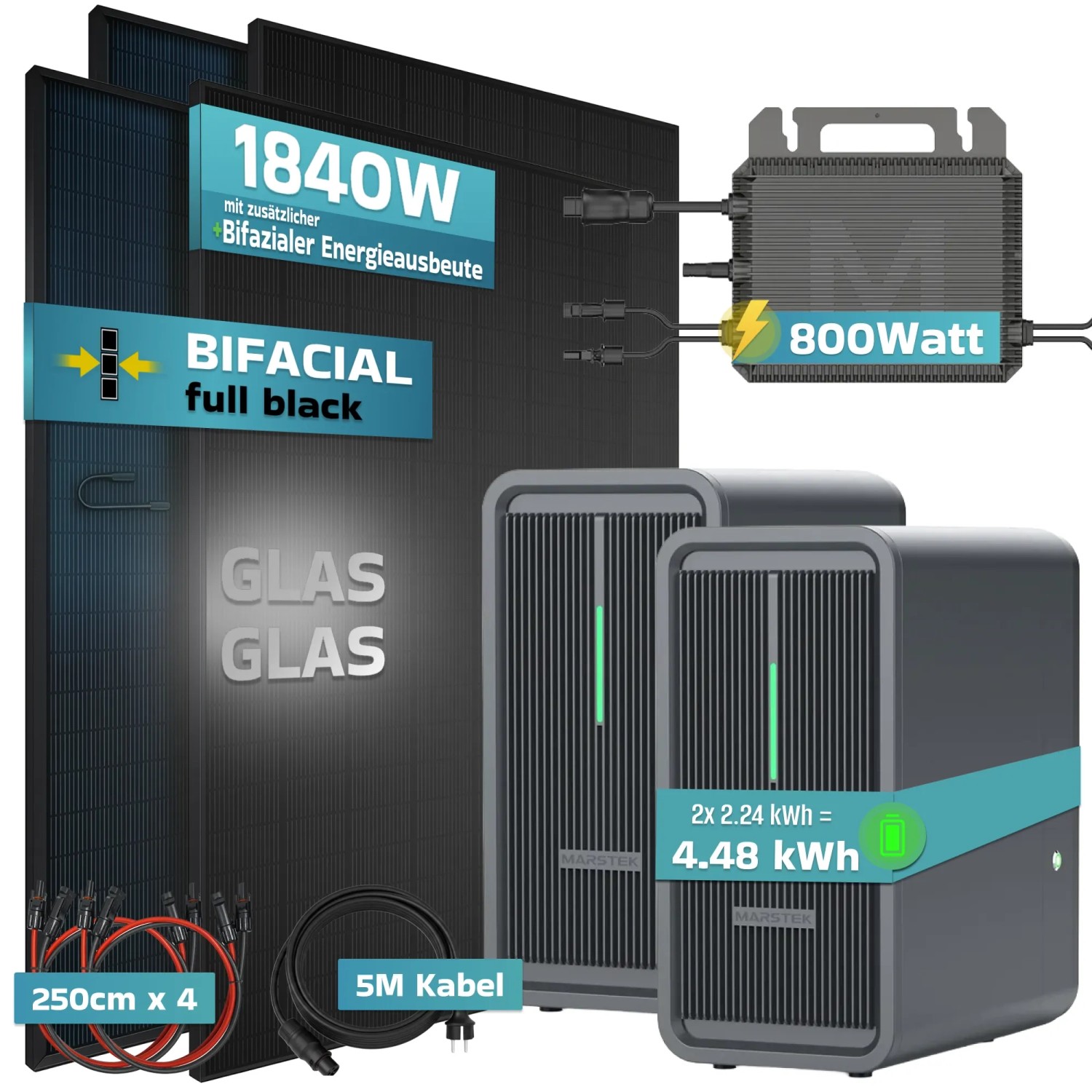 SUNNIVA Balkonkraftwerk 1840W mit Solarspeicher 4,48kWh, Wechselrichter und Fullblack Solarmodule.