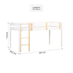 Weißes Homestyle4u Hochbett 90x200 aus Kiefer Massivholz mit naturfarbener Leiter und Absturzsicherung für Kinderzimmer.