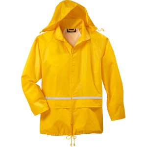 Gelbe Scheibler Basic Regenjacke Gr. L für Arbeitskleidung mit Kapuze und Reflektor.