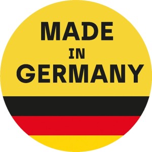 Gelbes rundes Siegel "MADE IN GERMANY" mit deutscher Flagge. Herkunft des Celo Hohlraumdübels.
