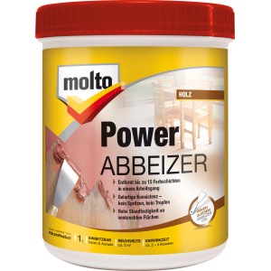Molto Power Abbeizer Gel 1L im weißen Behälter mit rotem Deckel. Entfernt bis zu 15 Farbschichten.