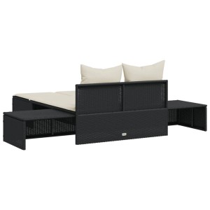 Schwarze VidaXL Doppel-Sonnenliege aus Rattan mit Kissen und Beistelltischen.