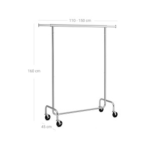 Songmics Kleiderständer, silberfarben, mit Rollen, Maße 150x45x160 cm. Ideal für Kleidung.