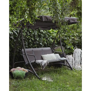 Dunkelgraue Beliani Hollywoodschaukel BOGART mit Sonnendach im Garten. Bequeme Gartenschaukel aus Stahl für 3 Personen.