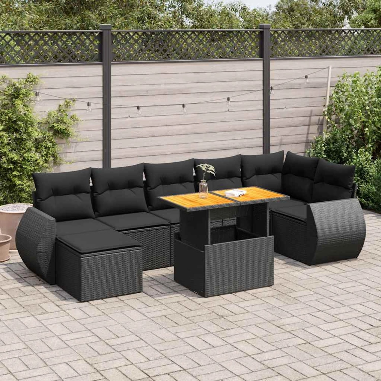 Schwarze 8-tlg. vidaXL Garten-Sofagarnitur aus Rattan mit Tisch und Kissen.