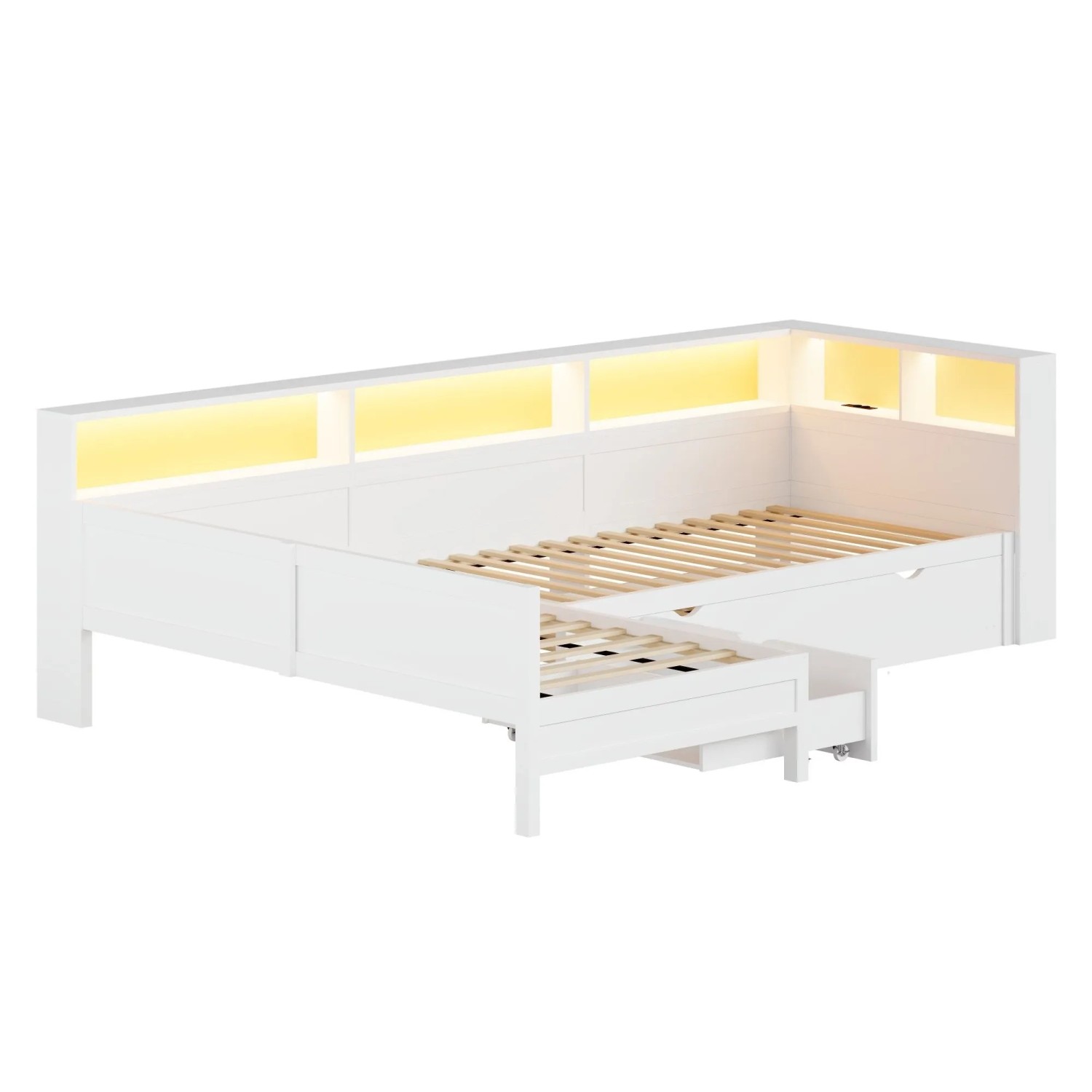 Merax Holz Plattformbett 90x200 cm L Form Mit Ausziehbett Schublade Weiß