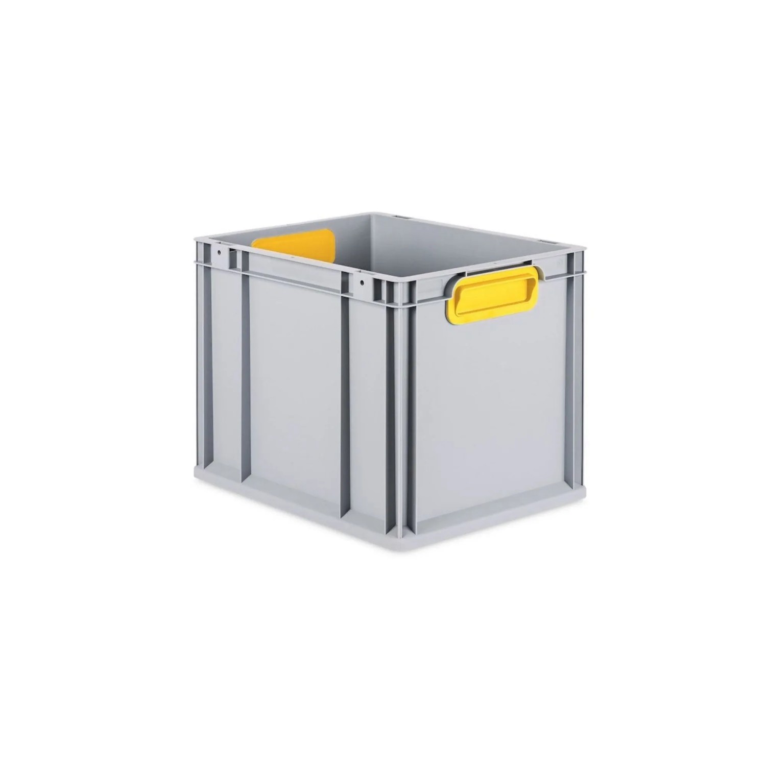 Graue PROREGAL Eurobox mit gelben Griffen und Deckel, 32x30x40 cm. Ideal zur Aufbewahrung.