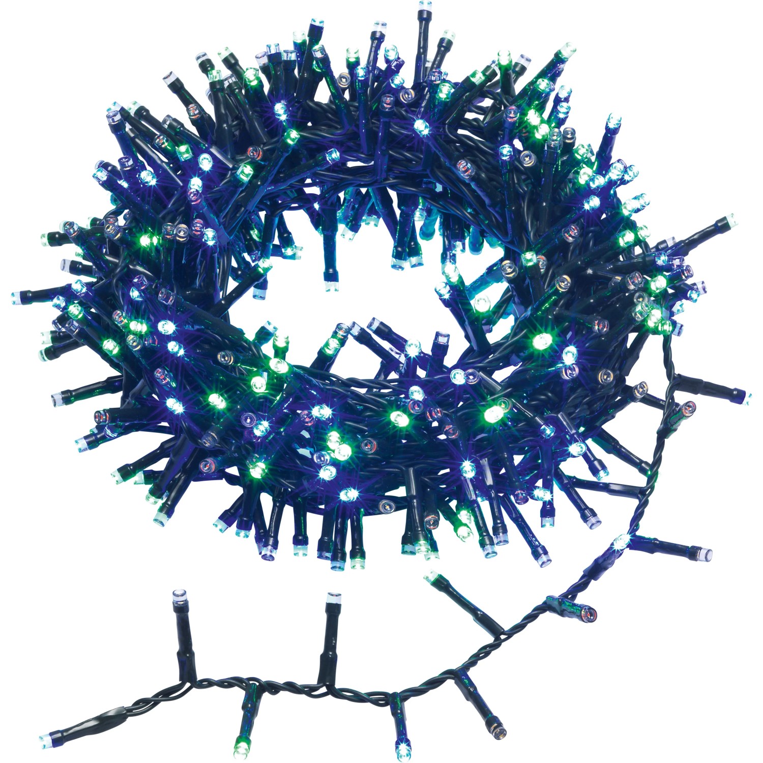 Mehrfarbige Außen-Lichterkette mit 400 blauen und grünen LEDs auf grünem Kabel, ideal für Garten, Terrasse, Balkon.