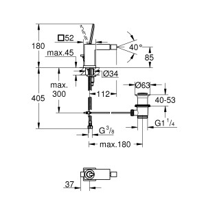 Technische Zeichnung der Grohe Eurocube Joy Bidetarmatur mit Maßangaben.