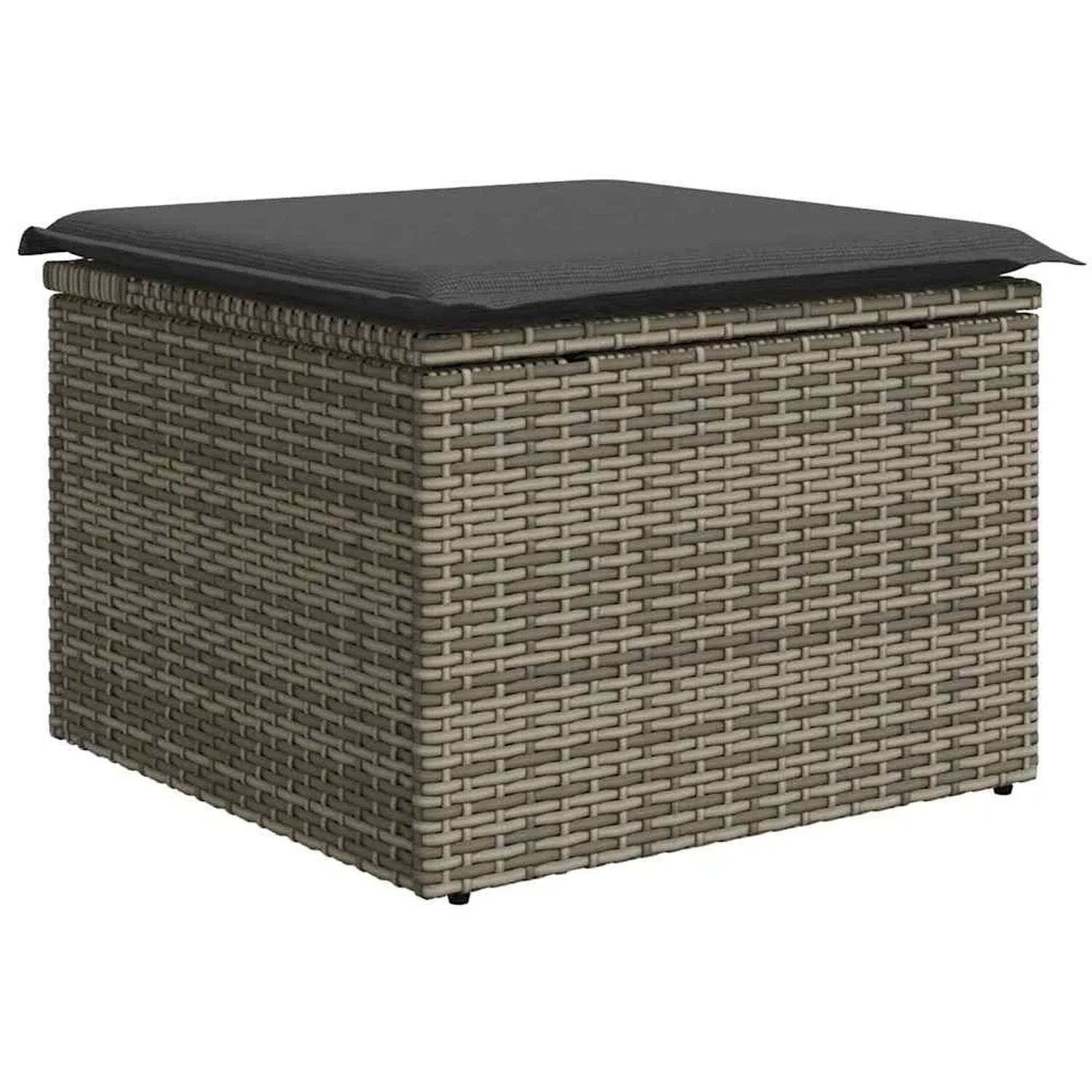 Fußhocker aus grauem Polyrattan mit Kissen, Teil des vidaXL Garten-Sofa-Sets.