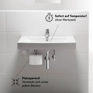 Clage Kleindurchlauferhitzer MBH6 unter Waschbecken montiert. Warmwasser ohne Wartezeit.