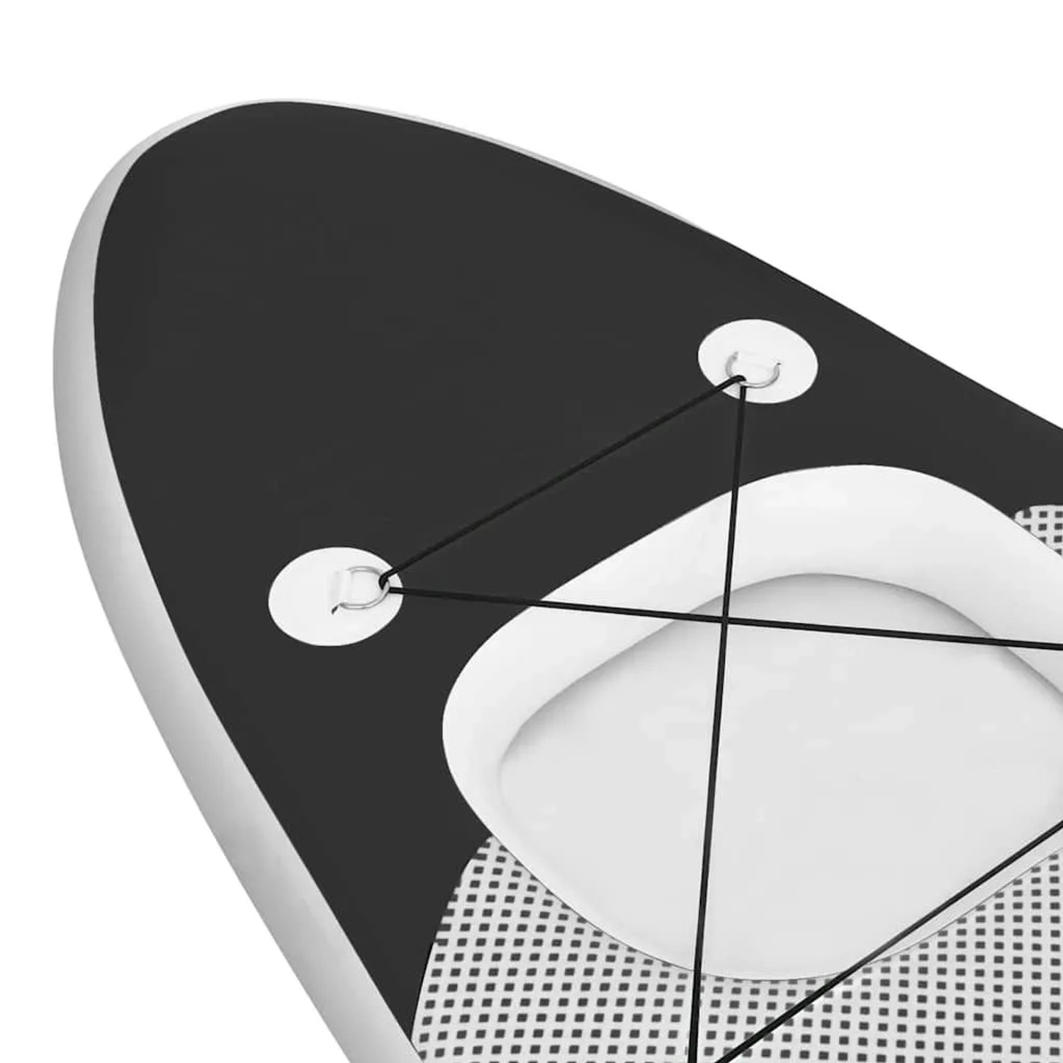 Detailaufnahme: Schwarzes, aufblasbares SUP-Board mit Sitz und Gepäcknetz.