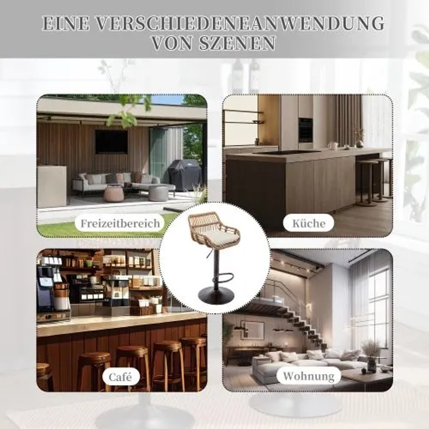 PXloue Barhocker 2er Set Höhenverstellbar mit Fußstütze und 360° Drehfunktion Barstuhl mit Metallgestell und Rattan Rückenlehne_7