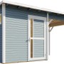 Graues Bertilo Gartenhaus Pentus 2 mit Lounge-Anbau, Holzhaus mit Fenster und Tür.