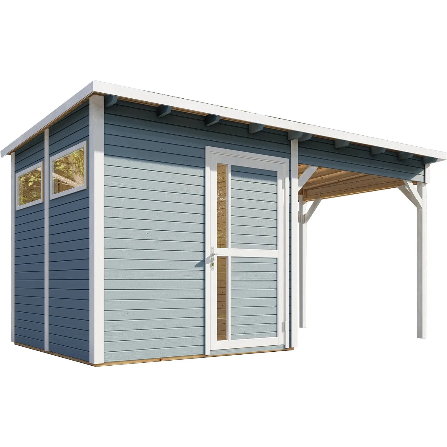 Graues Bertilo Gartenhaus Pentus 2 mit Lounge-Anbau, Holzhaus mit Fenster und Tür.