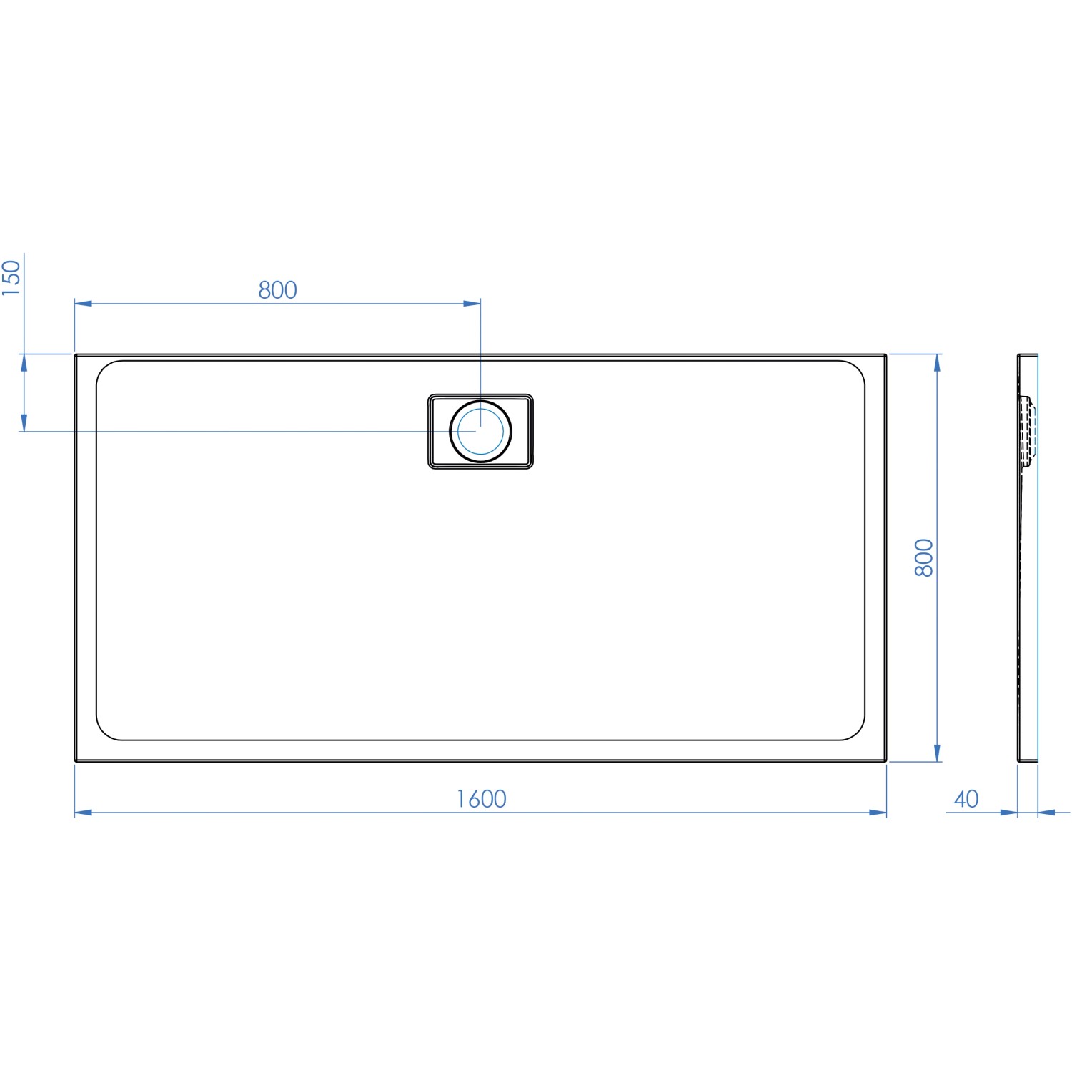 Technische Zeichnung: Ottofond Duschwanne Pearl, rechteckig, 160x80 cm, weiße Acryl-Duschtasse mit Maßangaben.
