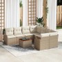 Beige-weißes 9-teiliges Garten-Sofa-Set aus Rattan mit Tisch und Polstern für Terrasse und Garten.