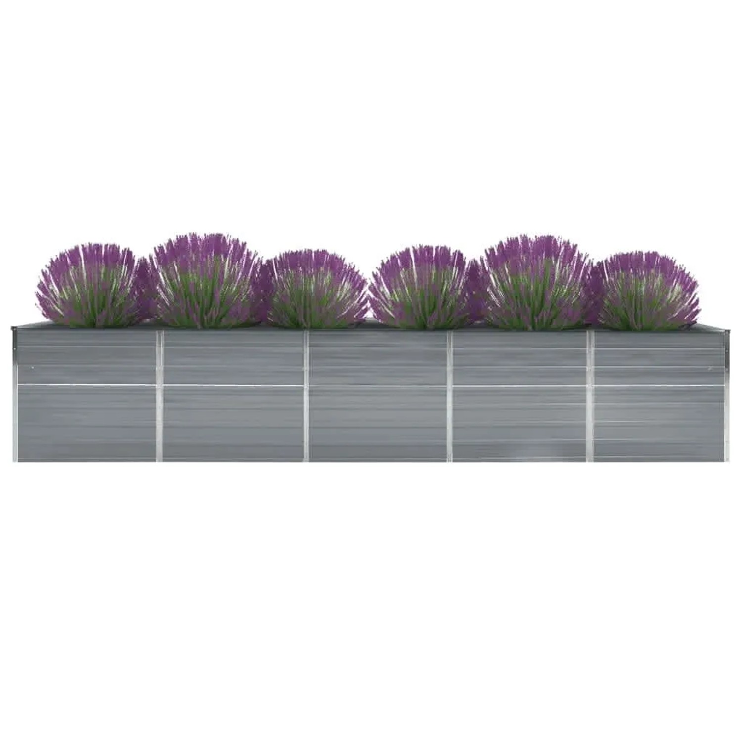 Graues vidaXL Garten-Hochbeet aus Stahl, bepflanzt mit lila Zierlauch.