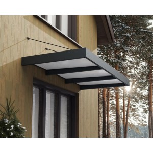 Graues Palram Canopia Vordach Sophia XL 285x140 cm am Haus montiert.