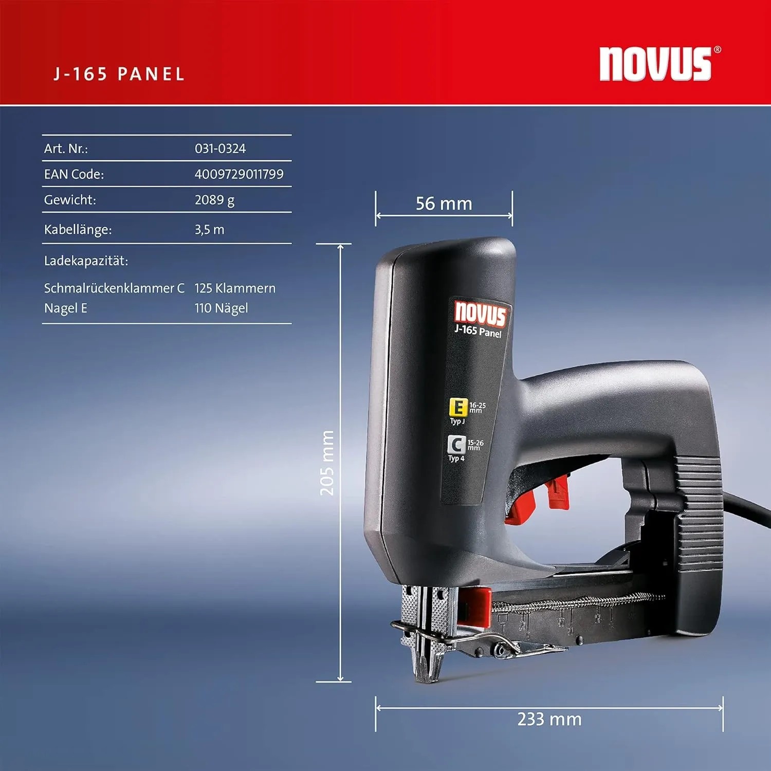 Novus Elektrotacker J-165 Panel für Profilholz & Zierleisten. Tacker aus Zubehör für Tacker.