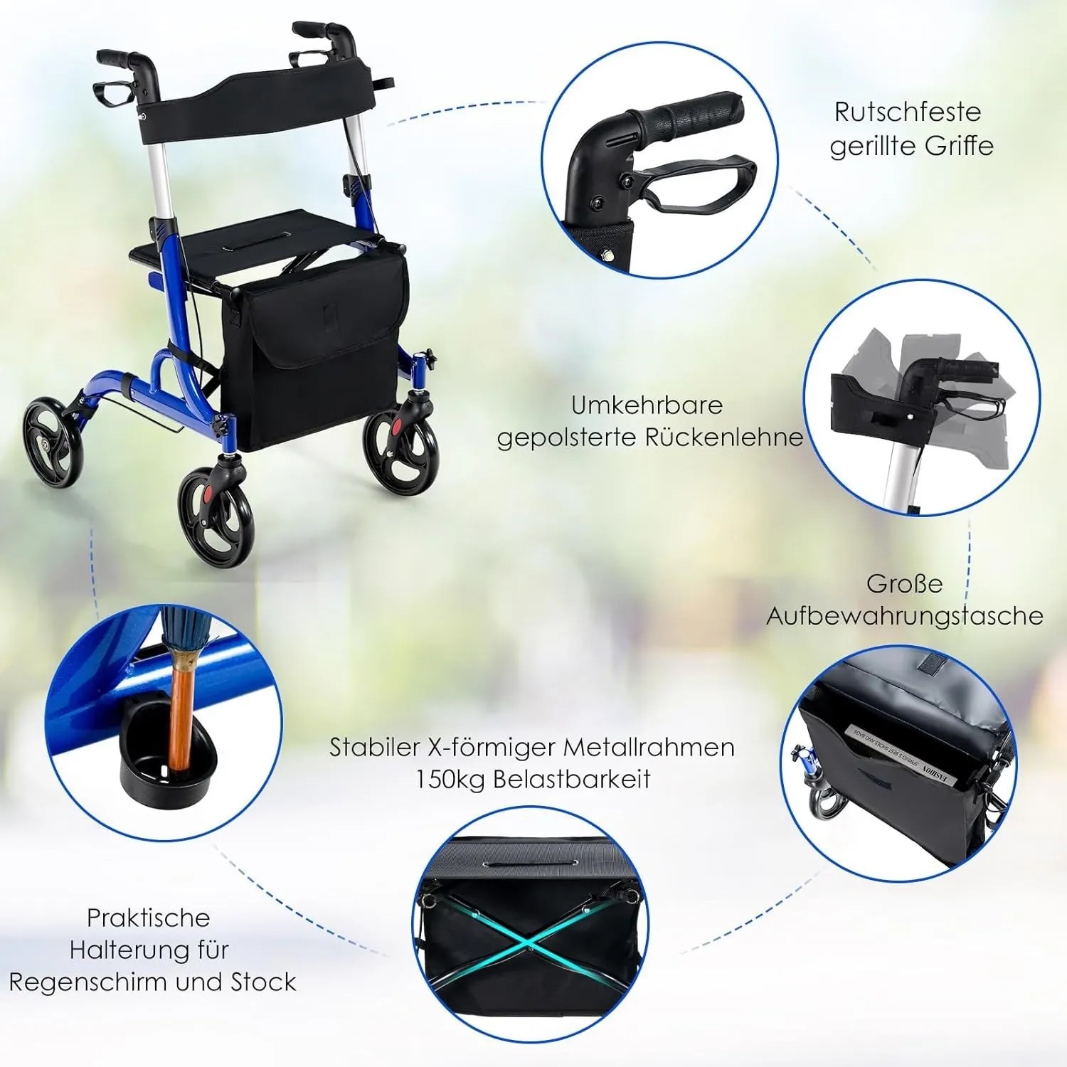 Blauer Costway Rollator, faltbar, mit Sitz, Tasche und Stockhalter. Sport- & Fitnessgerät.
