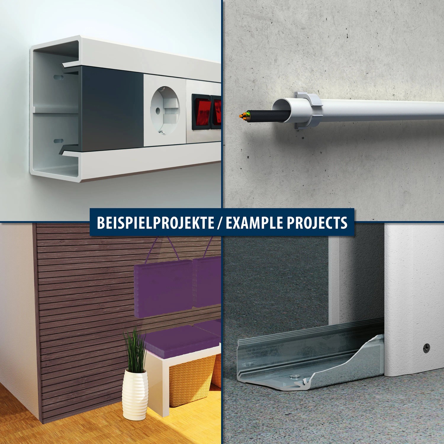 Anwendungsbeispiele für Dübel: Kabelkanal, Sockelleiste, Wandverkleidung und Elektroinstallation.