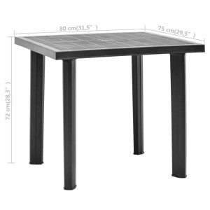 Anthrazitfarbener Gartentisch (80x75x72 cm) aus Kunststoff mit Schirmloch.