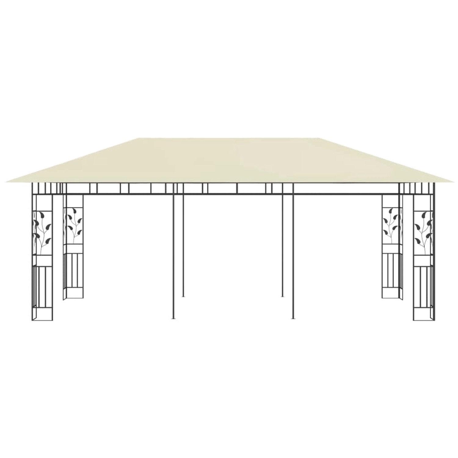 Cremefarbener vidaXL Pavillon 6x3m mit Moskitonetz und Stahlrahmen mit Blattmuster.