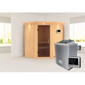 Karibu Sauna Tjorven mit Ofen und Glastür Graphit, Ecksauna aus Holz mit Ofen und Steuerung.