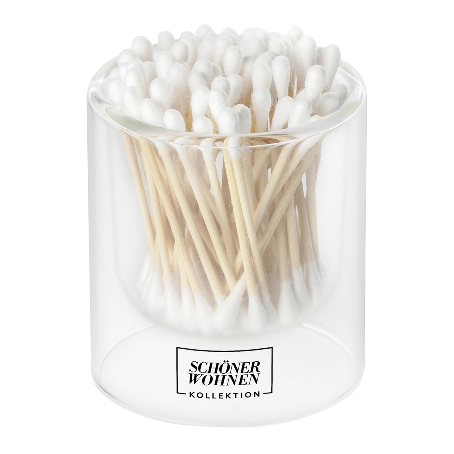 Schöner Wohnen Wattestäbchen im Glasbehälter. Badaccessoire mit Holzstäbchen und Logo.