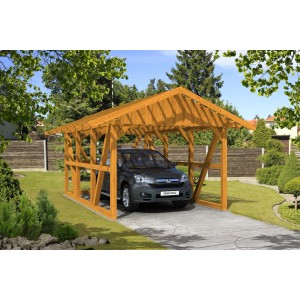 Skan Holz Carport Schwarzwald in Eiche mit Rückwand und Dachlattung, Auto steht im Carport.