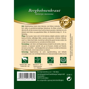 Quedlinburger Berg-Bohnenkraut Saatgut: Packung mit Infos zu Aussaat, Pflege und Ernte des Gemüsesamens.