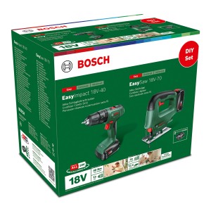 Bosch EasyImpact 18V-40 Akku-Schlagbohrschrauber mit EasySaw 18V-70 Stichsäge im Set.