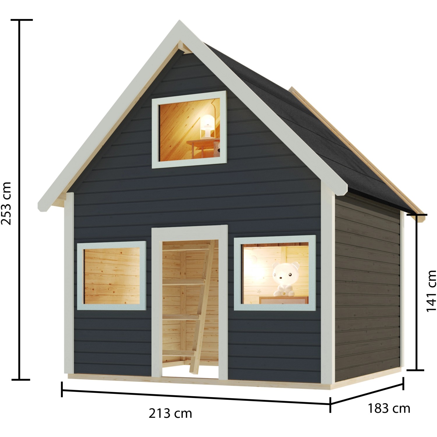 Karibu Spielhaus Kalle in Terragrau, ein sicherer Spielplatz für Kinder im Garten.