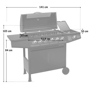 Taino Basic 6+1 Gasgrill Set mit Haube, Regler und Seitenkocher, Maße sind eingezeichnet.