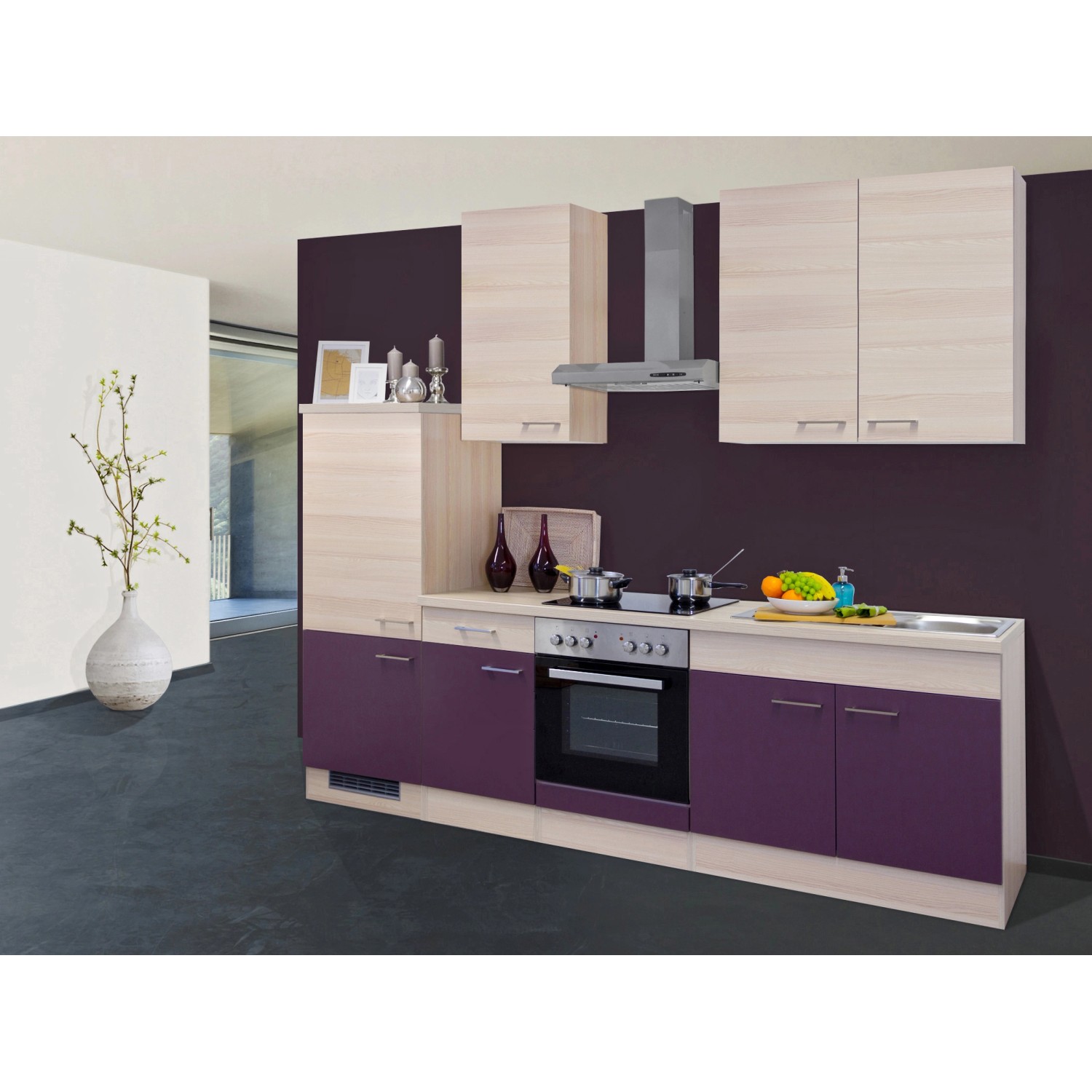 Flex-Well Exclusiv Küchenzeile/Küchenblock Focus 270 cm Akazie-Aubergine