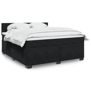 Schwarzes vidaXL Boxspringbett (180x200 cm) mit Samtbezug, Matratze und weißer Bettwäsche.