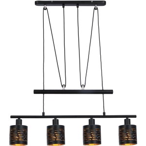 Schwarze Globo Pendelleuchte Tunno aus Metall mit vier Lampenschirmen und goldener Innenseite.