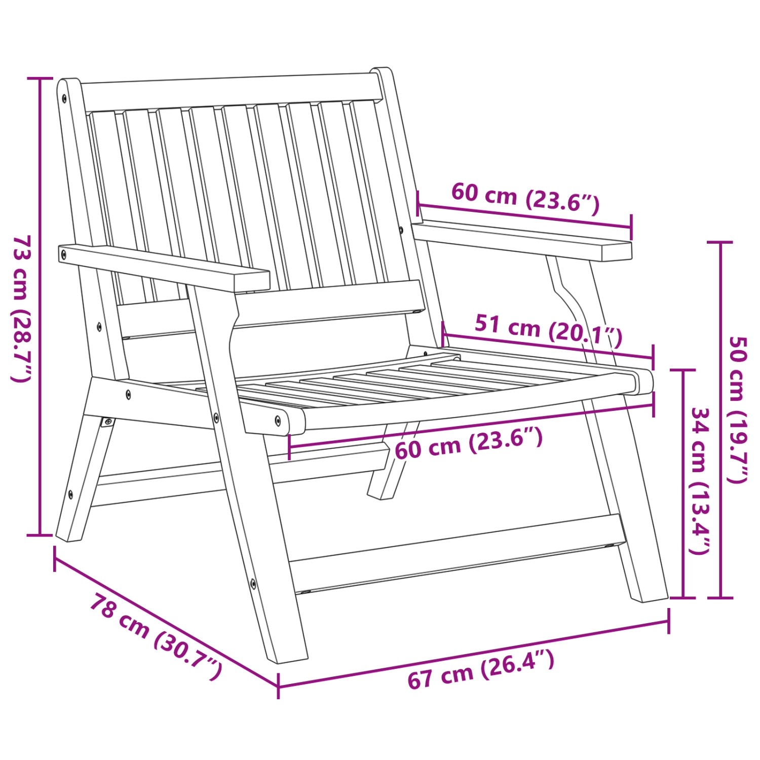 Skizze von vidaXL Gartenmöbel Set, 3-teilig, Akazie Massivholz, mit Maßen.