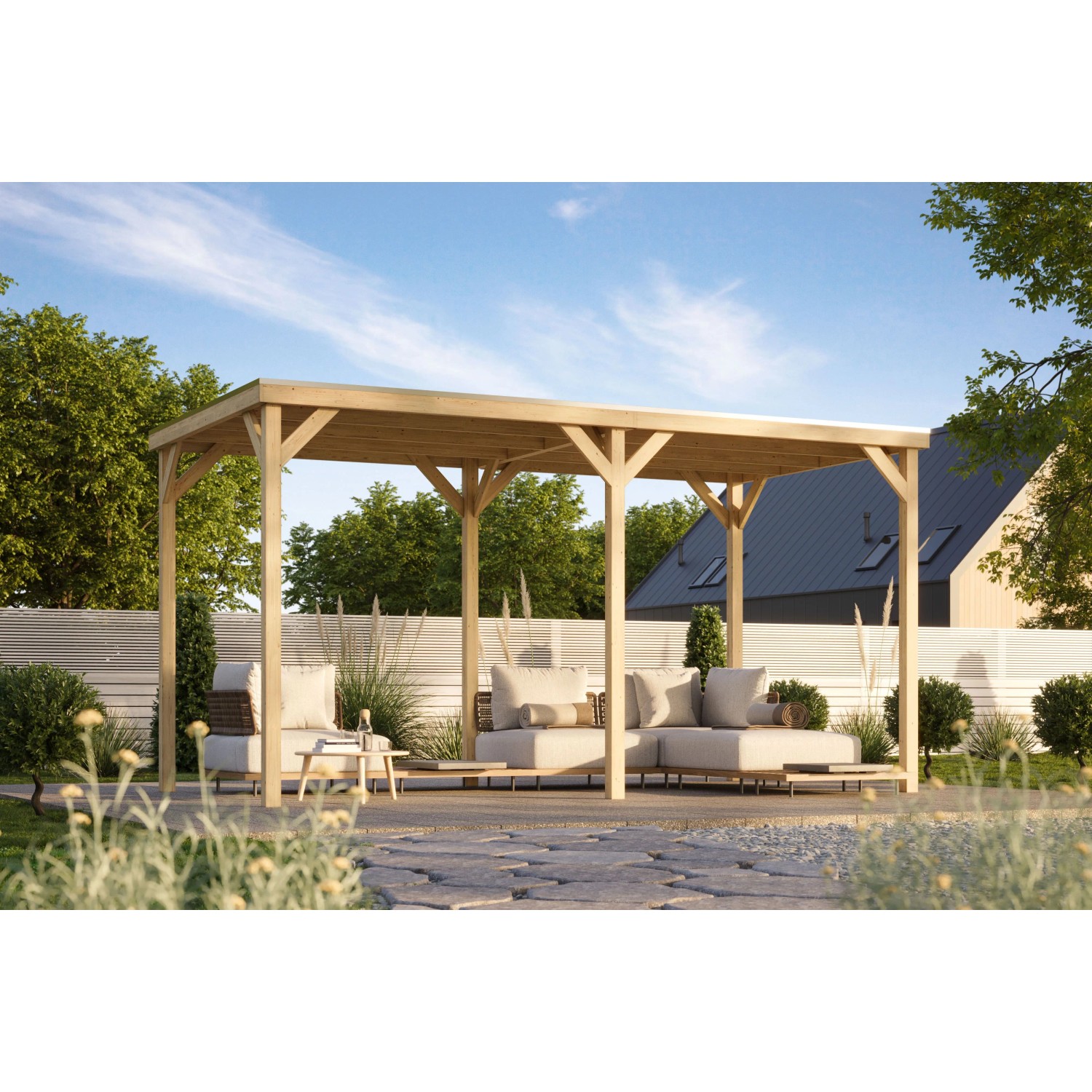 Karibu Pavillon Cannes XXL naturbelassen mit Verlängerung 4,5 m x 2,31 m